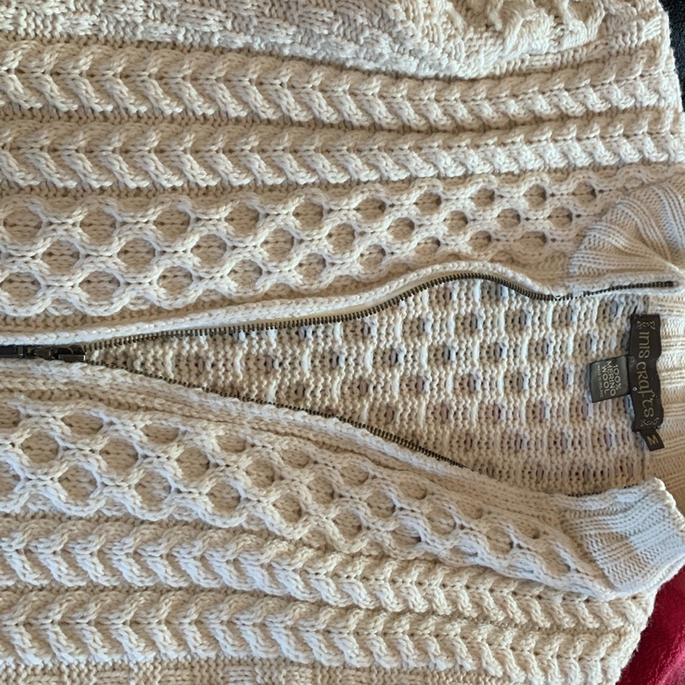 Cream Cable Knit Zip Up Sweater by Inis Crafts. 100% Merino Wool. Size M..